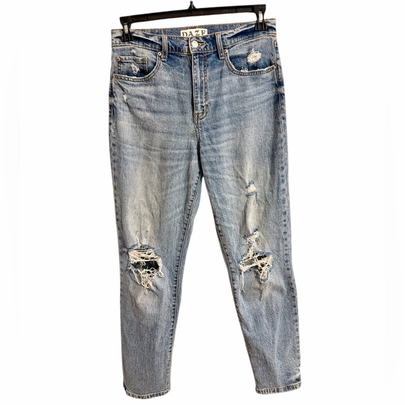 Daze Tough Love High Waisted Distressed Straight Leg Blue Jeans - Picture 2 of 5